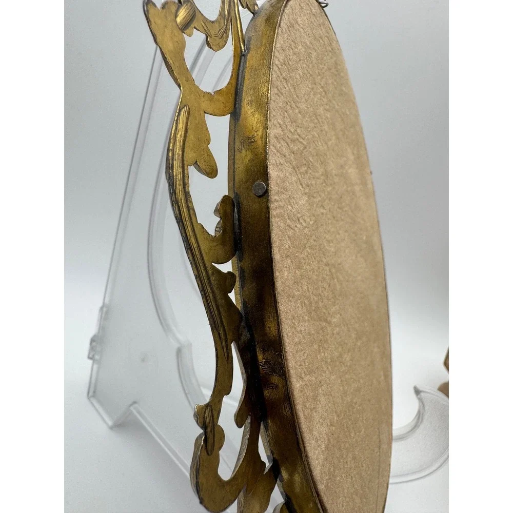 Vintage Italy Brass Ornate Floral Print Oval Frames Convex Glass Set of 2